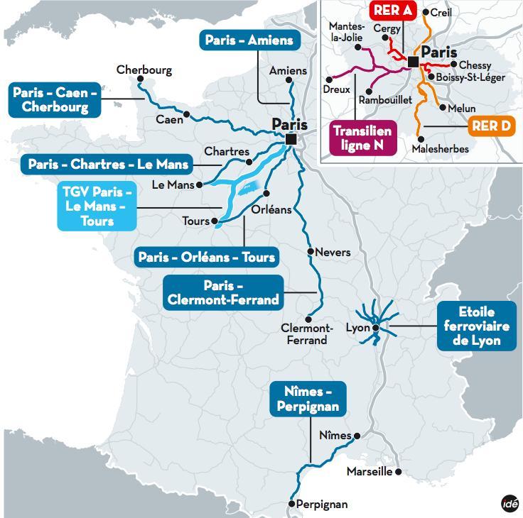 Plan des 12 lignes problématiques à la SNCF Plan des 12 lignes problématiques à la SNCF